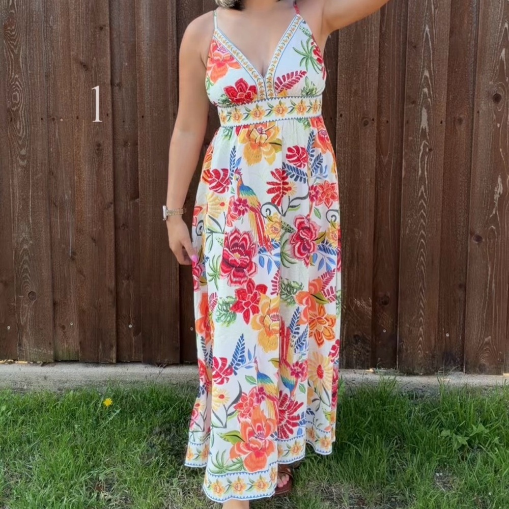 Cupshe White Maxi Dress with Red, Orange, Yellow & Green Floral Print